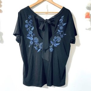 Lane Bryant Black and Blue Floral Embroidery Tie Back Top